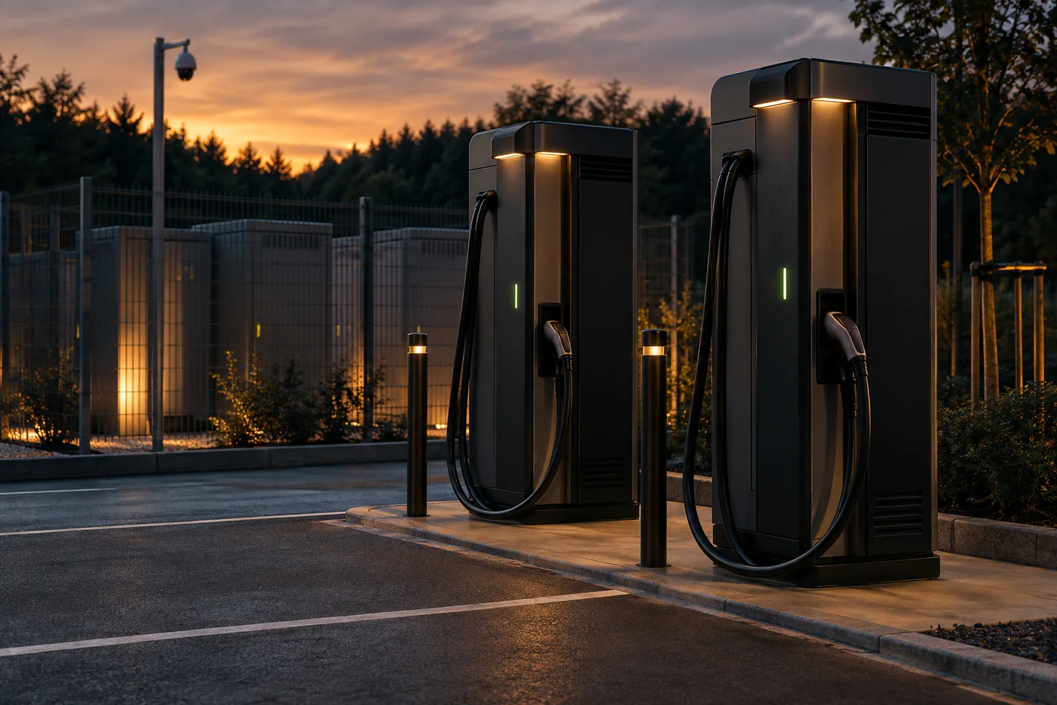 Symbolbild eines beleuchteten Ladeparks mit intakten Kabeln und Sicherheitskamera